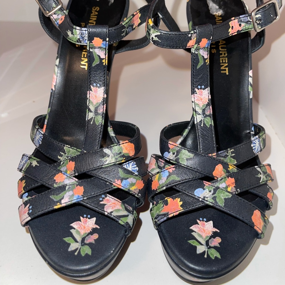 Saint Laurent Black Floral T-Strap Leather Heels
